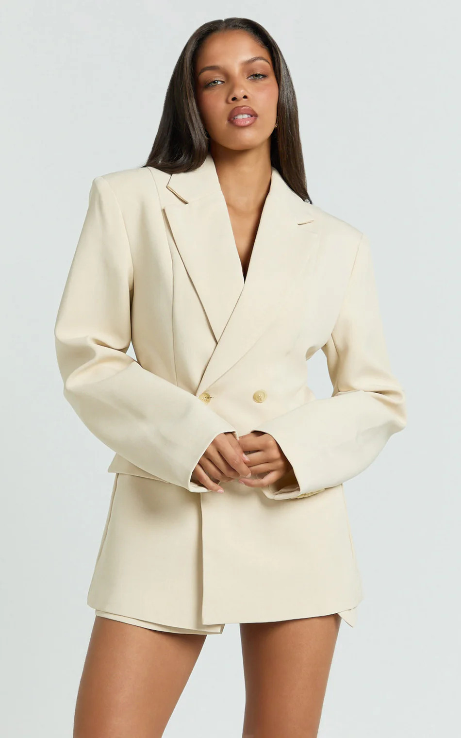 Tessa Blazer - Oversized Cinch Waist Double Breasted Blazer in Beige | Showpo (ANZ)