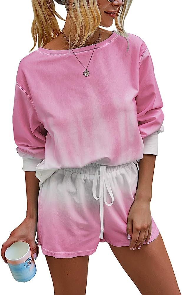 PRETTYGARDEN Women’s Tie Dye Printed Pajamas Set Long Sleeve Tops with Shorts Lounge Set Casual... | Amazon (US)