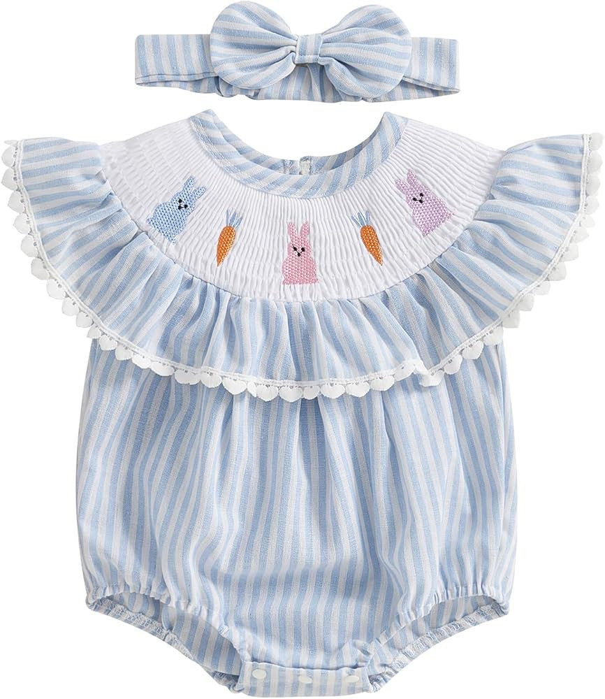 Newborn Baby Girl Easter Outfit Bunny Bubble Romper Embroidery Cute Smocked Baby Girl Clothes | Amazon (US)