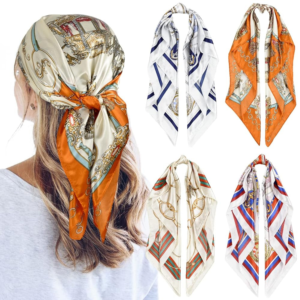 QBSM 4 Pcs 35'' Satin Head Scarf Silk Feeling Neck Scarves Hair Wrap for Sleeping Large Square He... | Amazon (US)