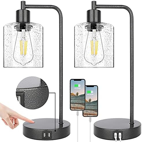 Set of 2 Farmhouse Rustic Table Lamps Rocky Black for Bedroom Nightstand 3-Way Dimmable Touch Con... | Amazon (US)