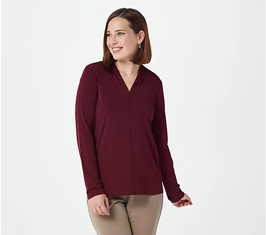 Susan Graver Liquid Knit Long Sleeve Top with Enamel Detail | QVC