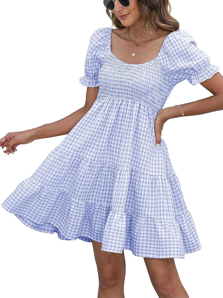 Dokuritu Women's Dresses Summer Plaid Gingham Checkered Cottagecore Puff Sleeve Smocked Cute Teen... | Amazon (US)