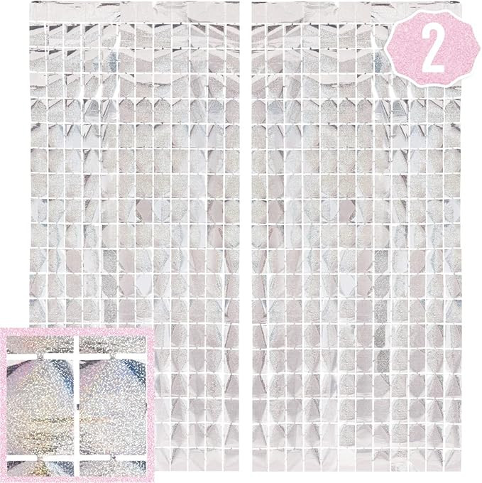 xo, Fetti Party Decorations Silver Iridescent Square Foil Curtain - Set of 2 | New Years Eve 2023... | Amazon (US)