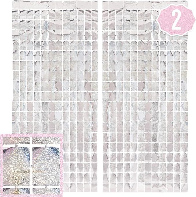 xo, Fetti Party Decorations Silver Iridescent Square Foil Curtain - Set of 2 | New Years Eve 2023... | Amazon (US)