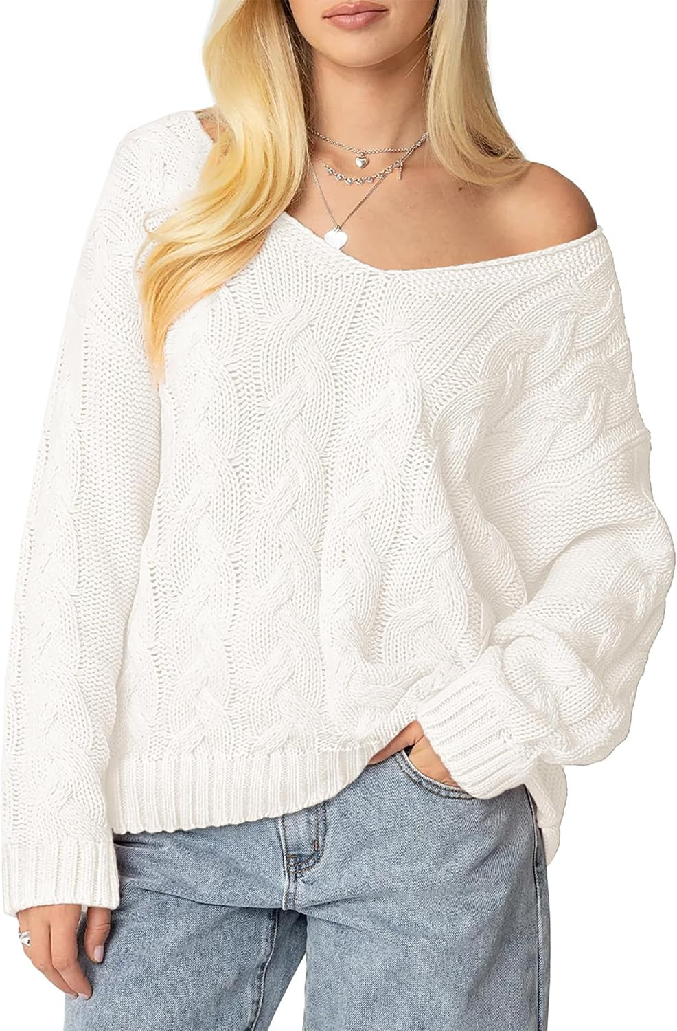 IWD Women's Oversized Sweaters Cable Knit V Neck Long Sleeve Pullover Tops | Amazon (US)