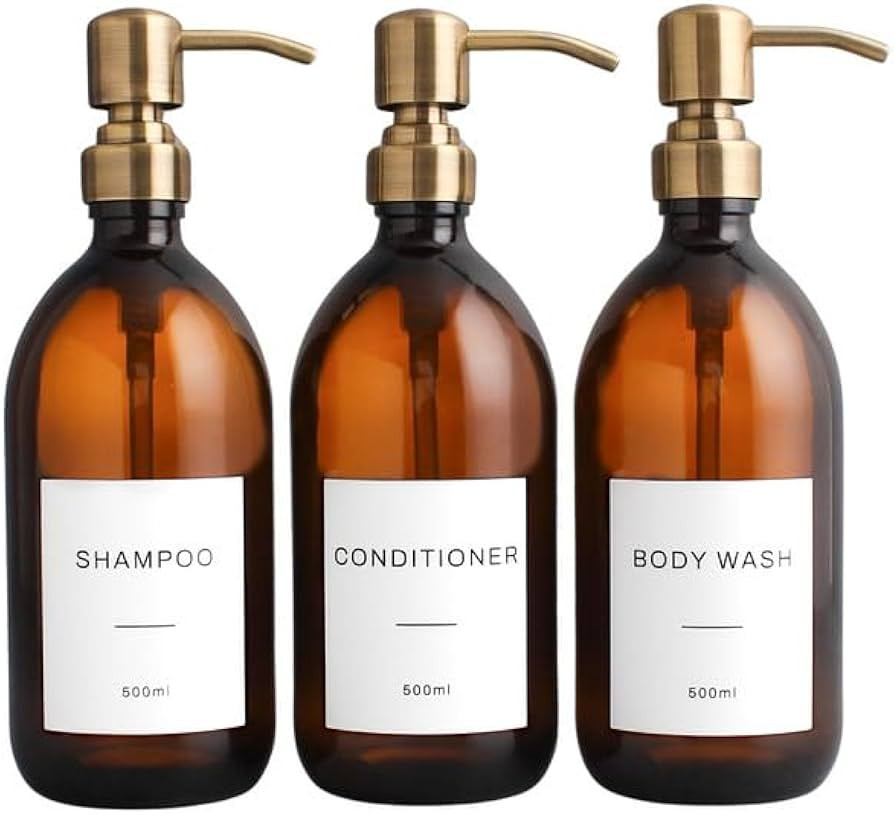 Three Pack Body Wash, Shampoo & Conditioner Amber Glass Bottle Set Of 3 - Brown Refillable Liquid... | Amazon (UK)
