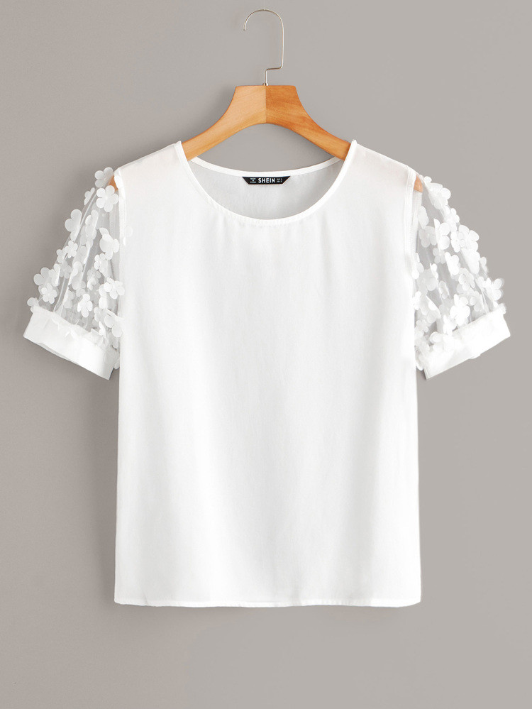 Solid Appliques Mesh Sleeve Top | SHEIN