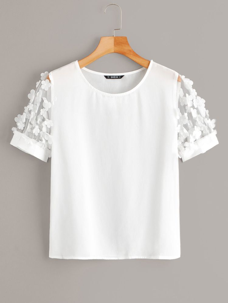 Solid Appliques Mesh Sleeve Top | SHEIN