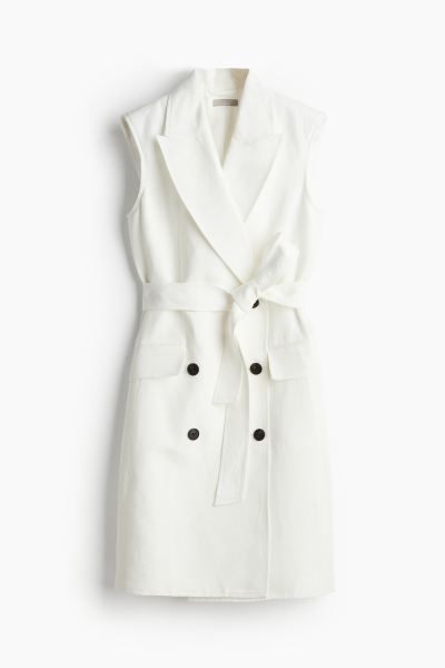 Linen-blend Jacket Dress - Light beige/pinstriped - Ladies | H&M US | H&M (US + CA)