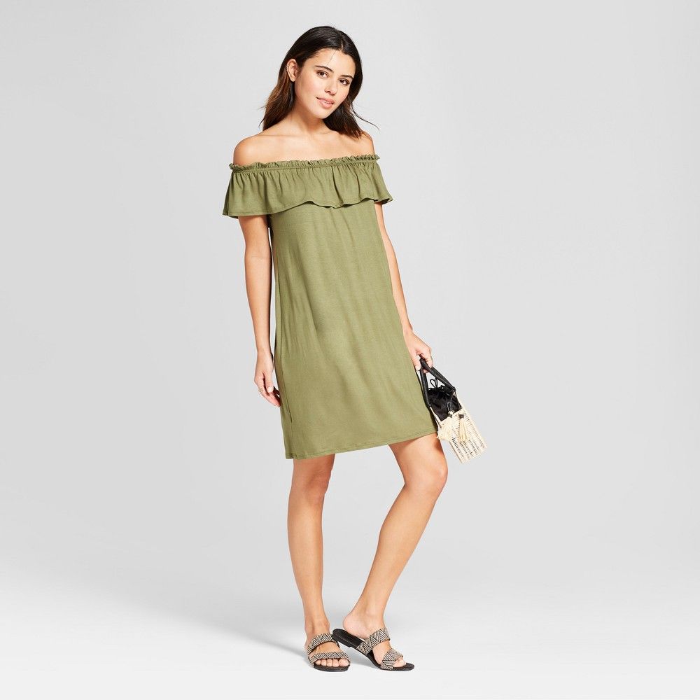 Women's Short Sleeve Off the Shoulder Ruffle Flounce Mini Dress - Alison Andrews Olive M, Green | Target