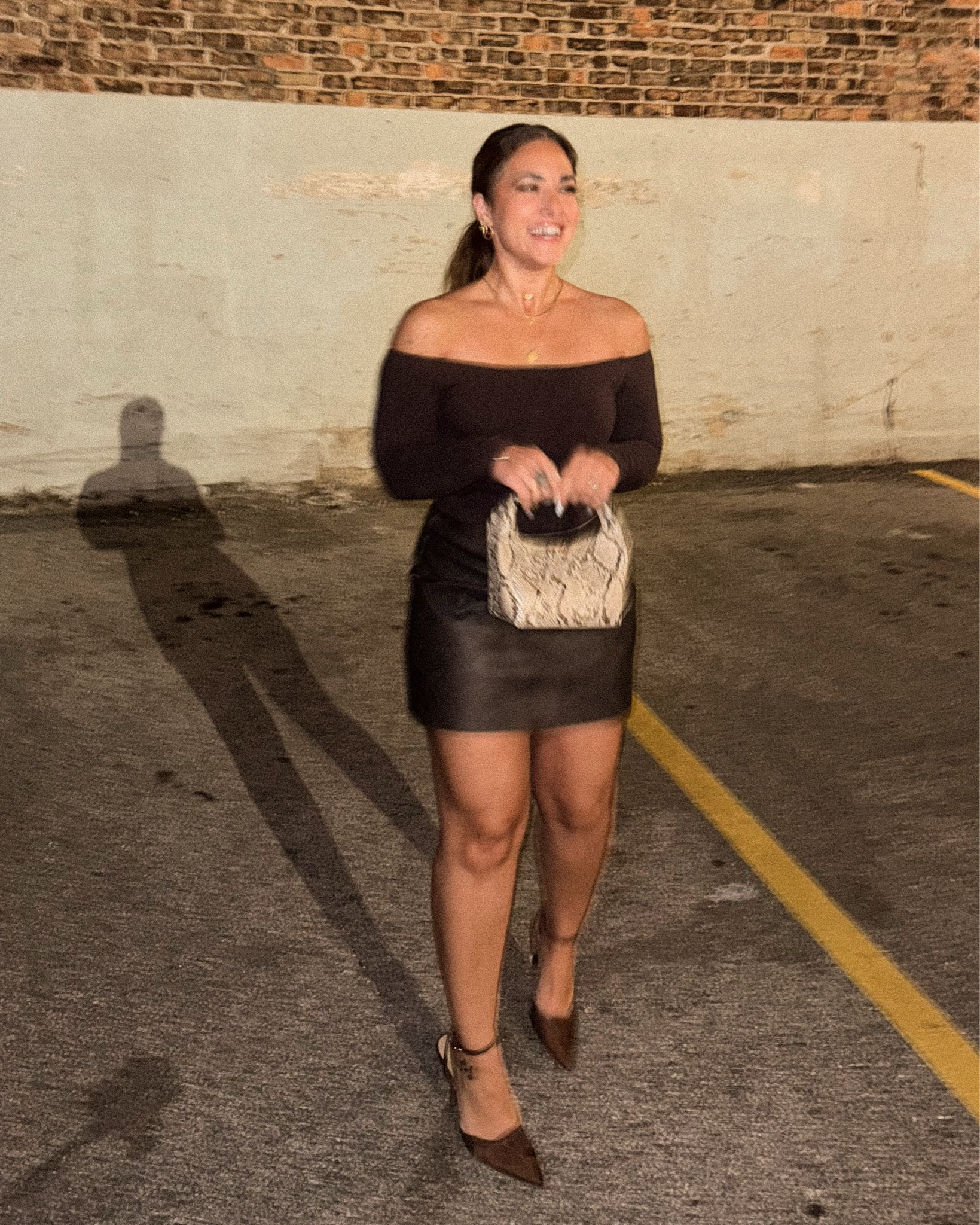 date night fit: brown tonal with a touch of snake🤎 my fav staple color is brown forever and always. Even before it became a trend. This leather skirt is so comfy and fit so well and same with the top! Soft and flattering fabrics FTW 🙌🏽 not to mention my fiancé complimented me on how easily I could walk in these heels even with my toe/foot being injured. They’re so freakin comfortable I want them in every color 

#LTKPetite #LTKStyleTip #LTKFindsUnder50