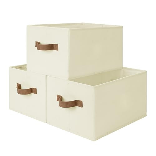 StorageWorks Storage Baskets for Shelves, Foldable Fabric Closet Storage Bins with PU Handles, Fabric Storage Bins Clothes Organizer, Ivory White, 3-Pack, Large | Amazon (US)