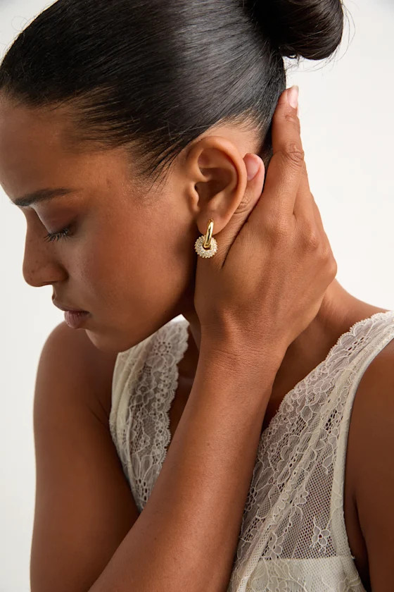 Tulia 14KT Gold Rhinestone Double Hoop Earrings | Lulus