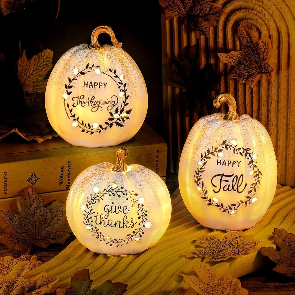 Fovths 3 Pack Happy Fall White Pumpkin Light Tabletop Decor Set Pumpkin Resin with LED Light Autu... | Amazon (US)
