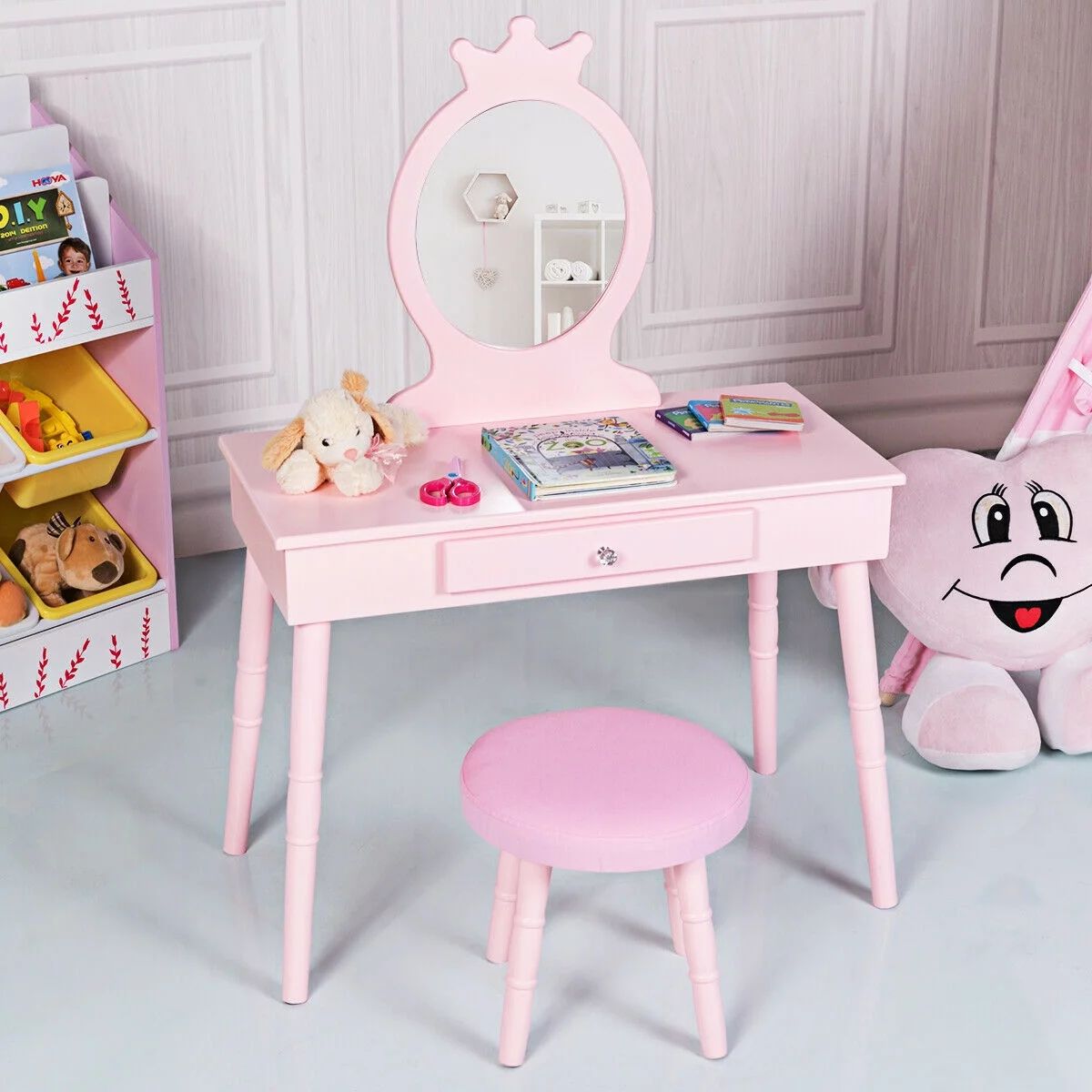 Gymax Kids Vanity Makeup Table & Chair Set Make Up Stool Play Set for Children Pink | Walmart (US)