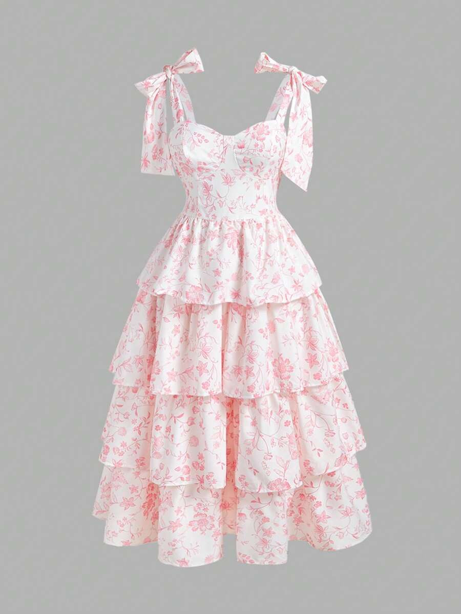 SHEIN MOD Plus Size Bowknot Strap Waist Multilayer Ruffle Red & White Floral Print Dress,Flowy Dr... | SHEIN