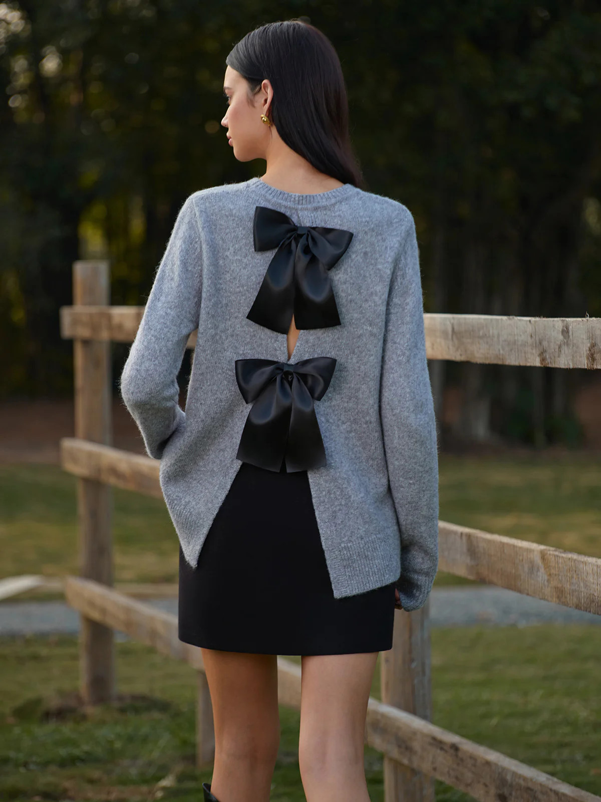 Round Neck Bow-Decor Sweater | Commense