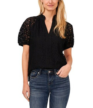 Lace Ruffle V-Neck Short Sleeve Top | Dillard's