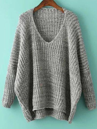V Neck Dolman Light Grey Sweater | ROMWE