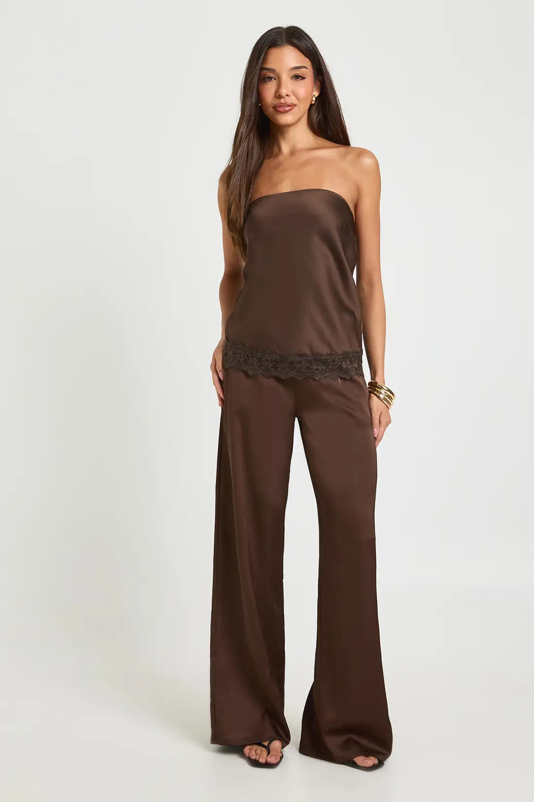 Chocolate Satin Lace Contrast Loose Fit Bandeau | Boohoo | Boohoo.com (UK & IE)