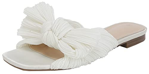 VETASTE Women's Pleated Bow Flat Sandals Open Square Toe Slip on Slide Sandals | Amazon (US)