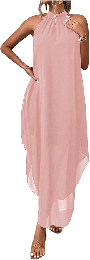Verdusa Women's Wedding Guest Dress Halter Flowy Chiffon Asymmetrical Long Summer Prom Dress | Amazon (US)