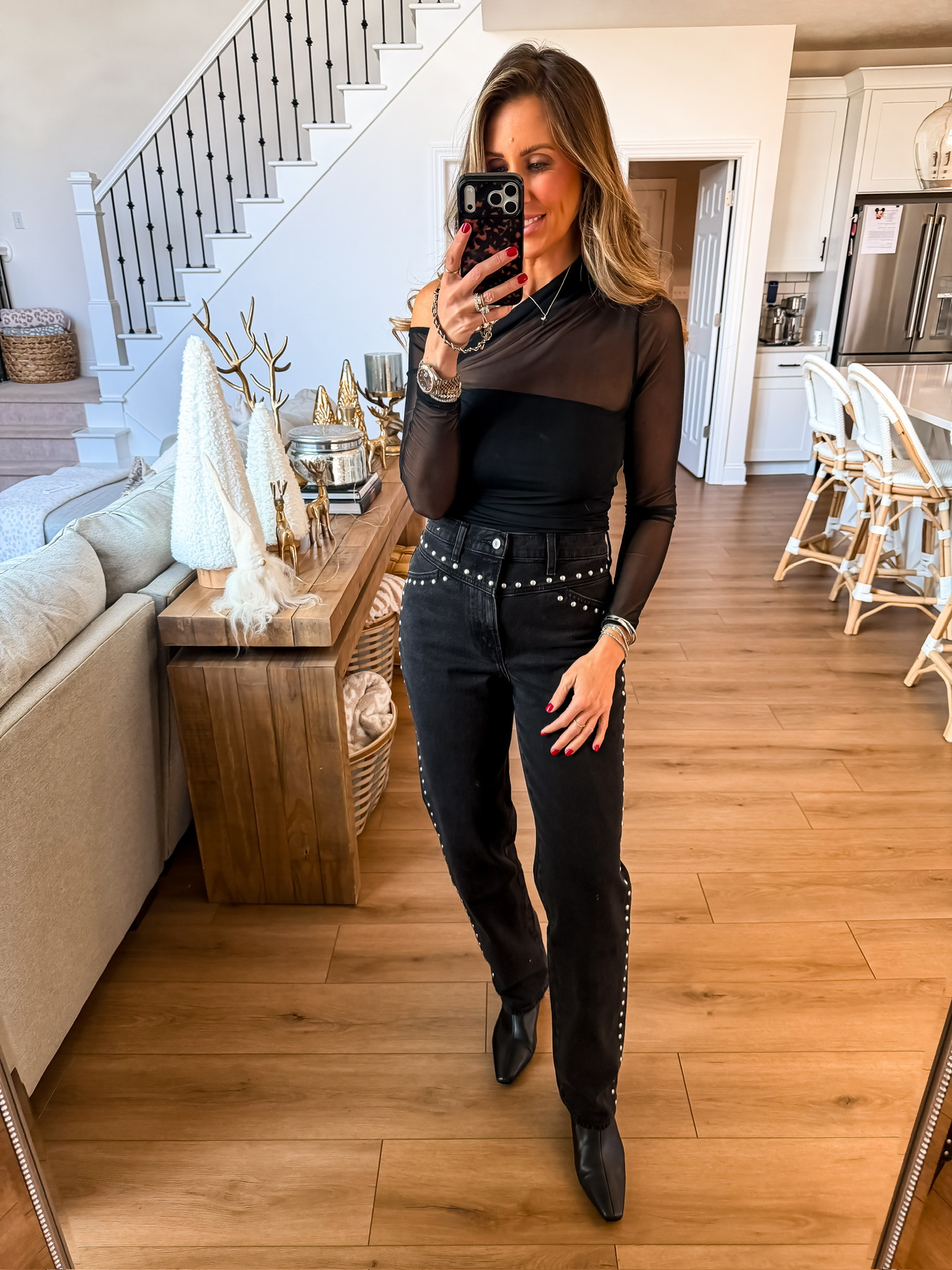 Girls night outfit inspo, going out top, date night, all black look, elevated outfit inspo, bedazzled jeans, booties, themominstylee

#LTKmomlife #LTKootd #LTKSeasonal