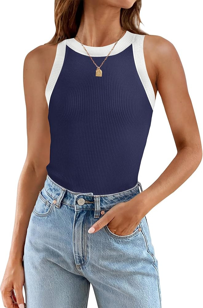 ZESICA Womens 2024 Summer Sleeveless Tank Tops Ribbed High Neck Racerback Slim Fitted Color Block... | Amazon (US)