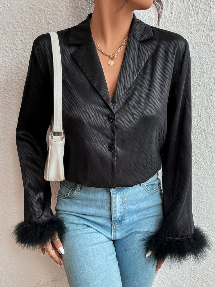 Fuzzy Cuff Trim Button Front Shirt | SHEIN