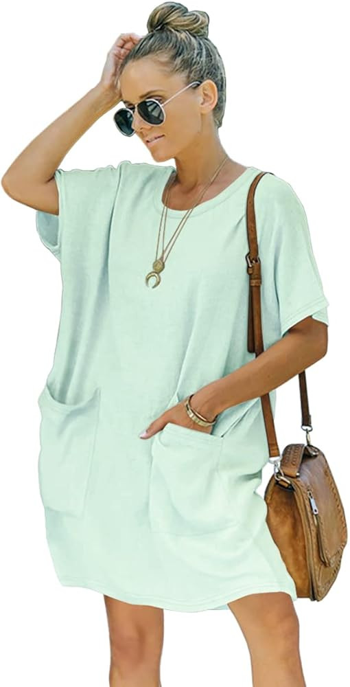 Women’s Casual Summer T Shirt Dress Elastic Loose Short Sleeve Dress with Pocket for Women | Amazon (US)