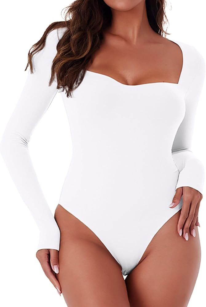 REORIA Women's Sexy Fall Long Sleeve Bodysuits Square Sweetheart Neck Body Suit Going Out Double ... | Amazon (US)