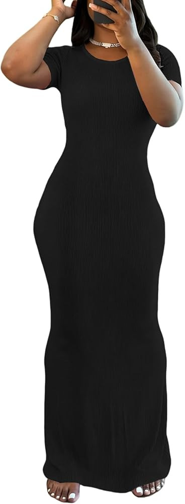 PINSV Women Summer Casual Bodycon Maxi Dress Scoop Neck Short Sleeve Long Dresses Club Party | Amazon (US)