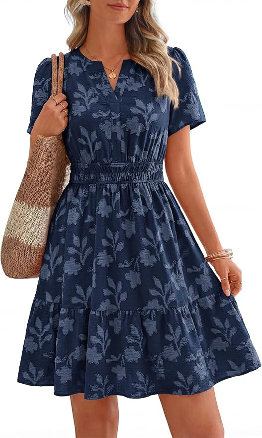 PRETTYGARDEN Womens 2026 Summer Mini Dress with Pockets Floral Short Sleeve V Neck Elastic Waist ... | Amazon (US)