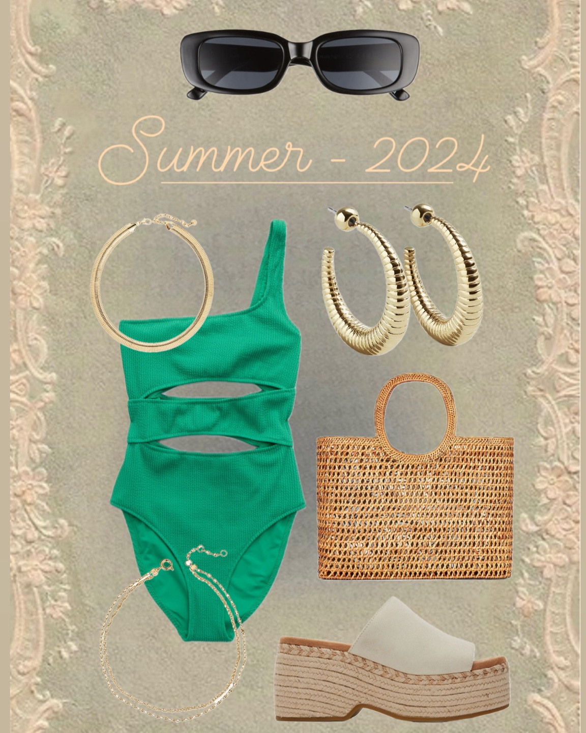 Swim outfit ideas 

One piece swimsuit 
Beach outfit
Pool outfit
Summer outfit 
Jewelry 
Sunglasses 
Sandals 
Beach bag 

#LTKU #LTKStyleTip #LTKSwim