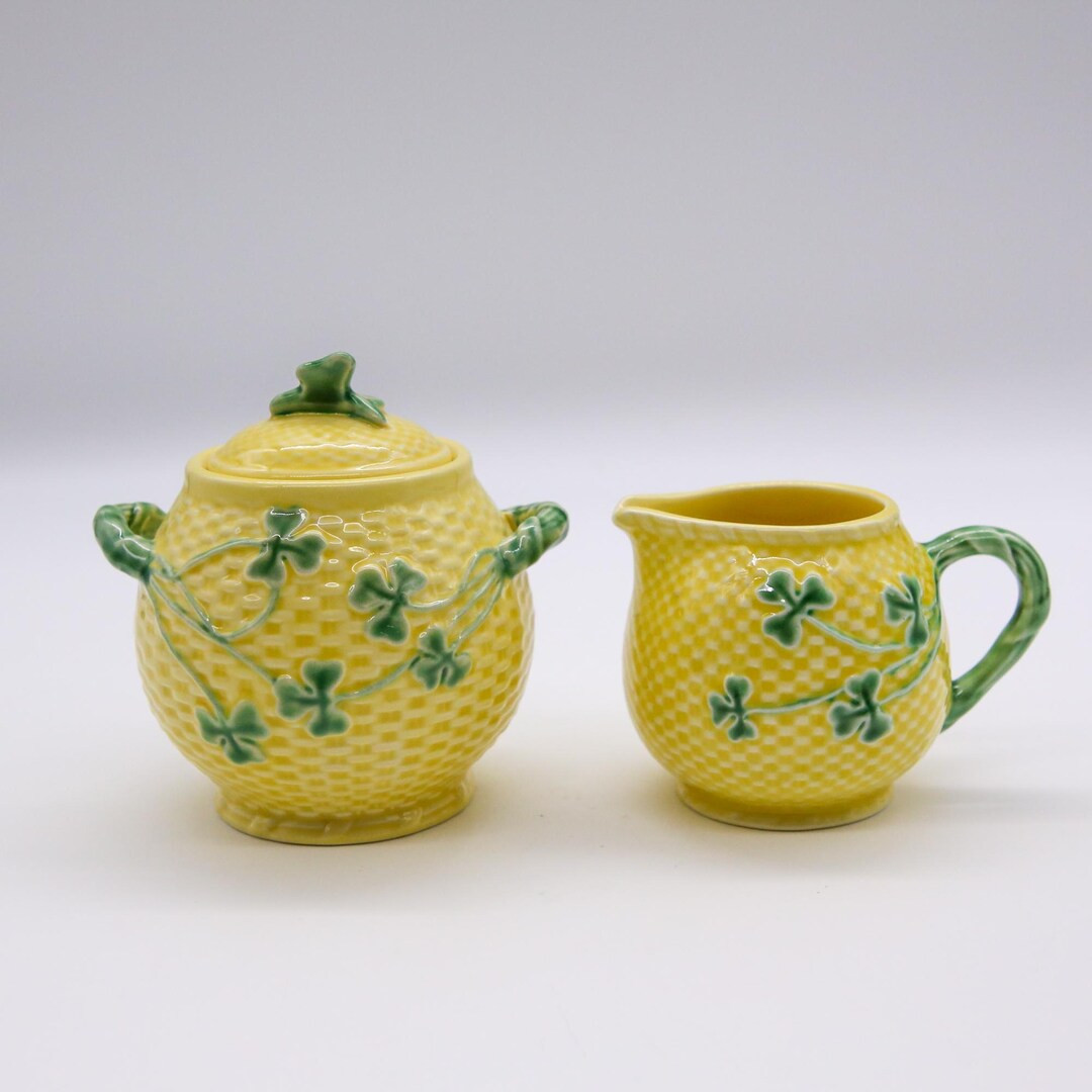 Bordallo Pinheiro "shamrock" Cream and Sugar Set | Yellow Basketweave Tableware| Majolica Style D... | Etsy (US)