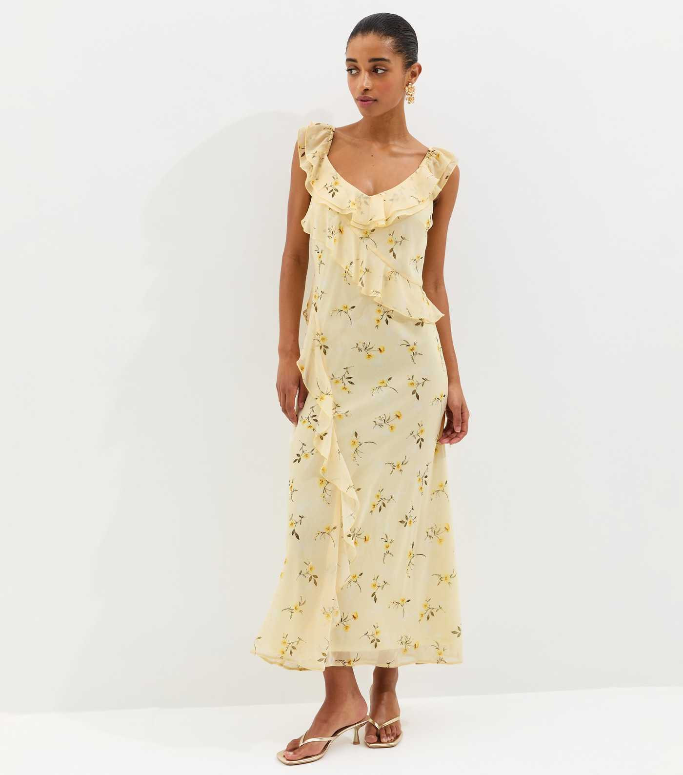 Light Yellow Ditsy Chiffon Ruffle Midi Dress | New Look | New Look (UK)