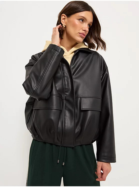 Black Zip Through Pocket Front PU Bomber Jacket | George