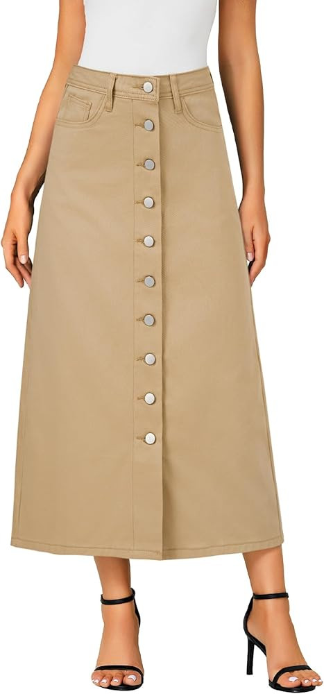 Vrtige Women's Casual Button Down High Waisted A Line Jean Midi Long Denim Skirt with Pockets | Amazon (US)