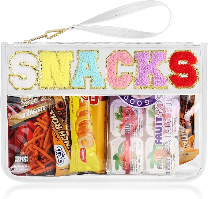 Snack Bag for Travel - Clear Chenille Varsity Letter Flat Pouch with Zipper, Waterproof Clear Nyl... | Amazon (US)