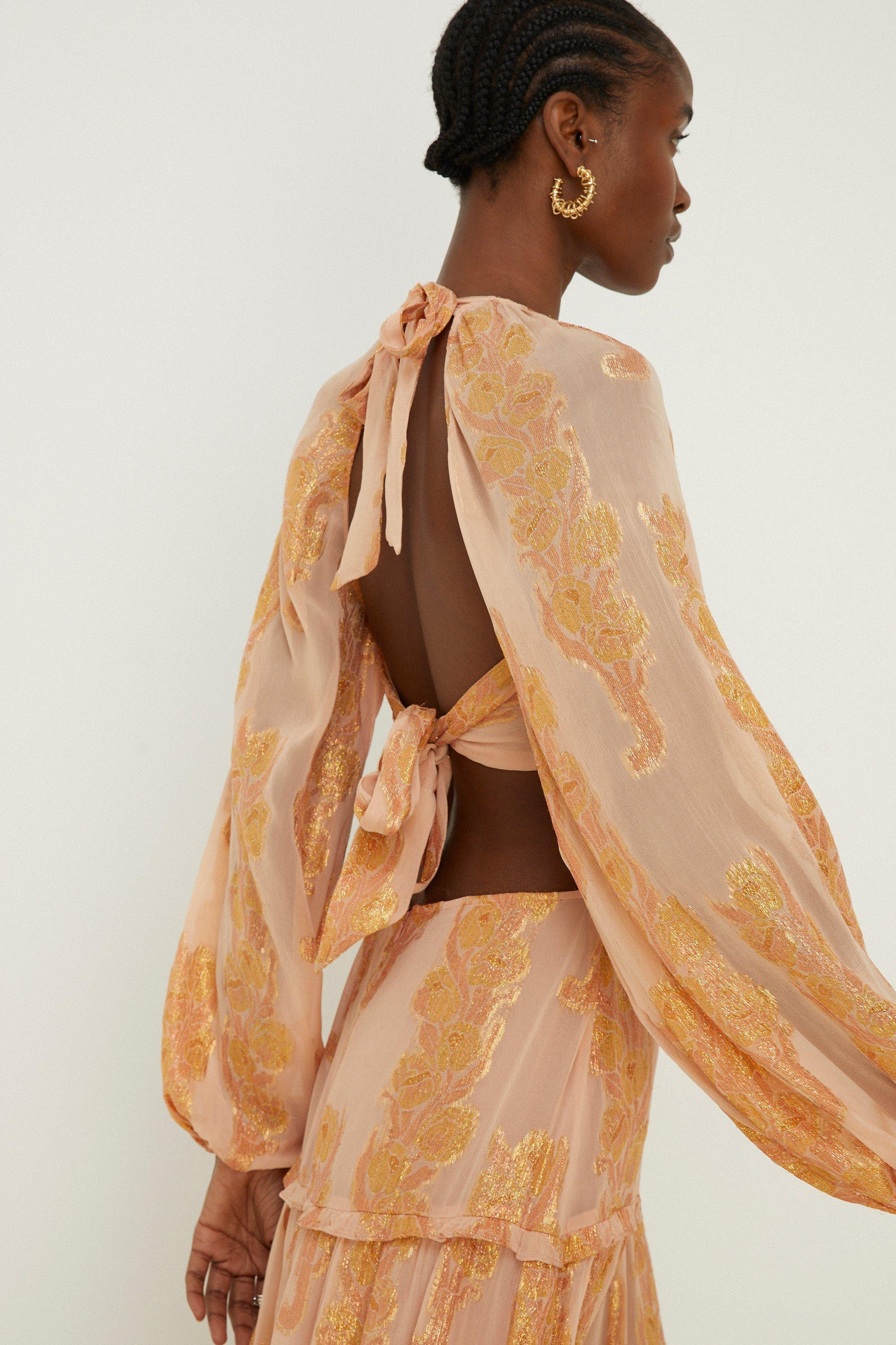 Metallic Jacquard Volume Sleeve Midi Dress | Oasis UK & IE