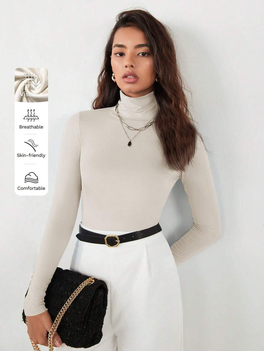 RueChic Solid Color Elastic Turtleneck Slim Fit Top Uniform | SHEIN