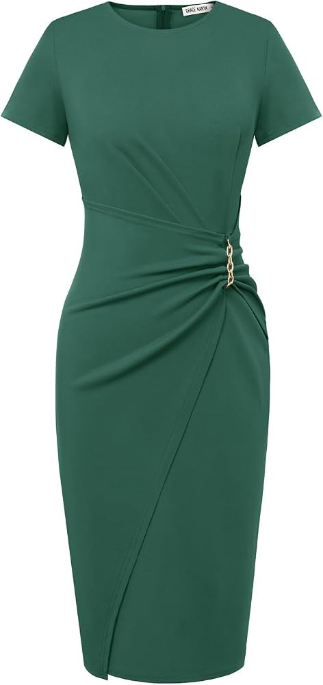 GRACE KARIN Work Dresses for Women 2026 Short Sleeve Sheath Business Midi Dress Wrap Bodycon Offi... | Amazon (US)