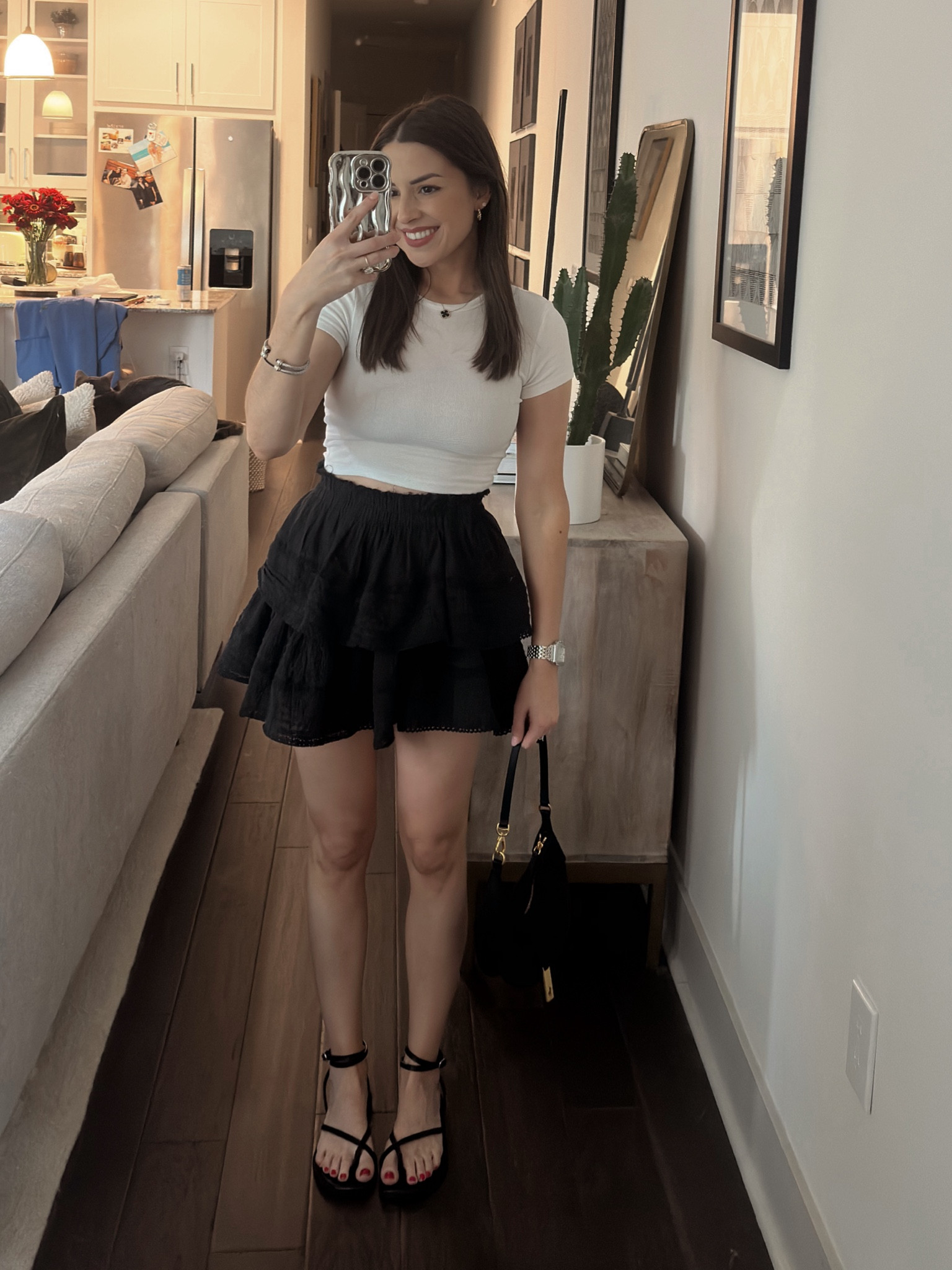 Casual black and white outfit, love shack fancy skirt, spring outfit, strappy sandals under $50

#LTKfindsunder100 #LTKshoecrush #LTKstyletip