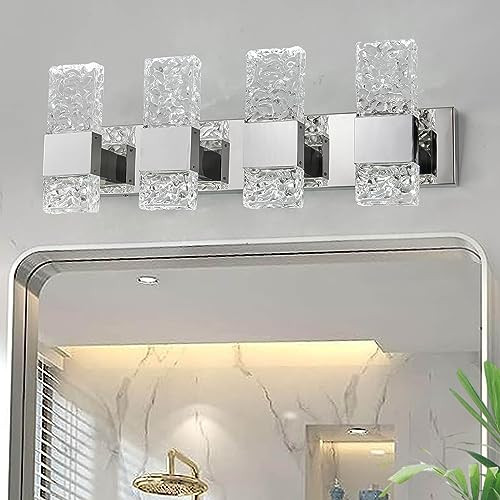 OYLYW Modern LED Bathroom Vanity Light Fixtures Chrome Stainless Steel 4 Light Wall Sconces for Bathroom Lighting Fuxture Over Mirror 28 Inch 40w LED Crystal Wall Light Cool White 5800K | Amazon (US)