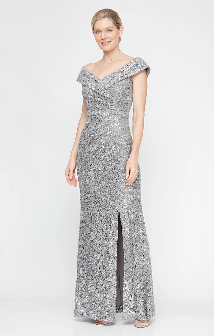 Off-the-Shoulder Corded Lace Long Gown with Sequin Detail | Alex Evenings
