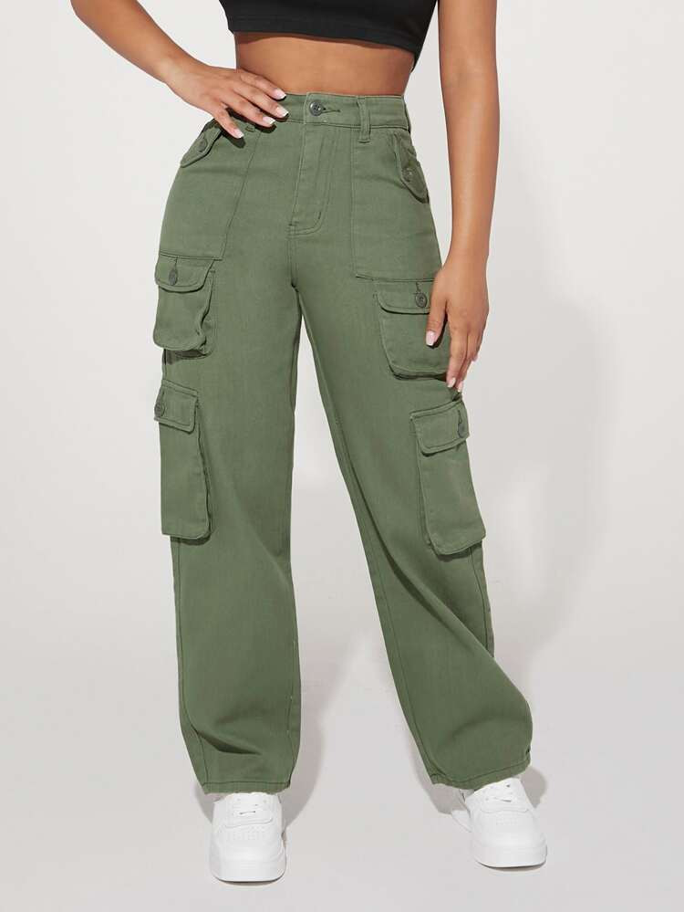 SHEIN PETITE High Waist Flap Pocket Side Cargo Jeans | SHEIN
