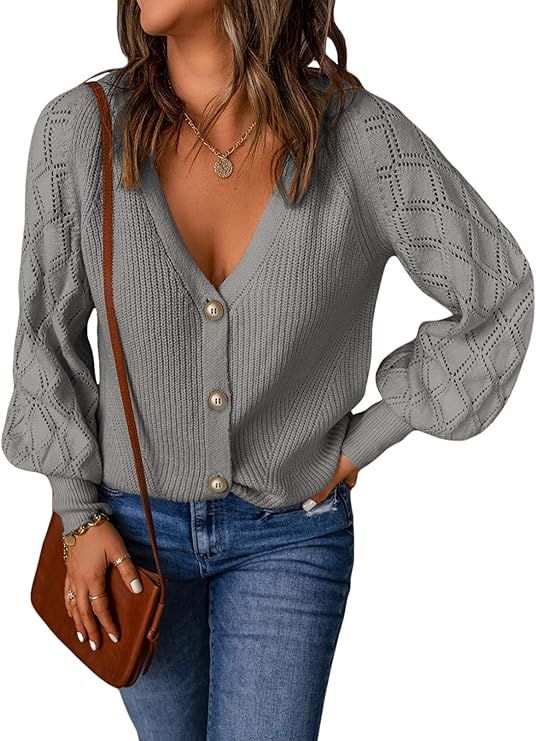 EVALESS Cardigan for Women V Neck Crochet Patchwork Long Sleeve Button Down Solid Knit Cardigan S... | Amazon (US)