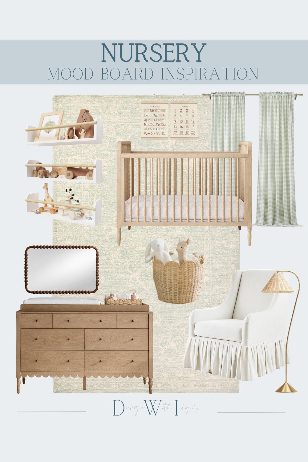 This nursery mood board is a perfect balance of warm wood tones and soft layered neutrals, designed to feel calm, functional, and timeless. The natural wood crib and coordinating dresser create a cohesive foundation, while the upholstered glider with tailored skirt detailing adds comfort and softness. Open shelving keeps everyday essentials and toys beautifully displayed, while woven accents and subtle pattern bring in texture without overwhelming the space. Every detail was selected to create a nursery that feels elevated yet approachable. Tap through to shop the curated nursery furniture, lighting, and decor selections.

#nurseryinspiration
#nurserydesign
#neutralnursery
#nurserydecor
#babyroomdesign

nursery mood board
neutral nursery design
wood nursery furniture
natural wood crib
nursery dresser
nursery glider
nursery shelving
baby room inspiration 

 #LTKHome