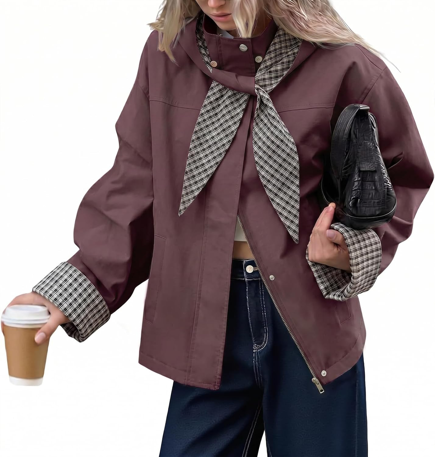 Tankaneo Womens Cropped Trench Coats Fall Jacket with Plaid Detachable Hood | Amazon (US)